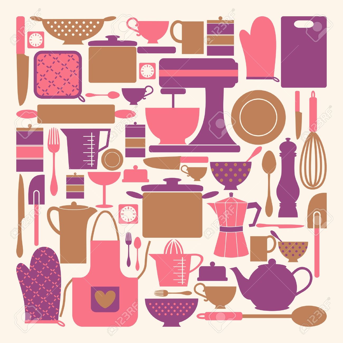 ピンク パープル ブラウンのキッチン アイテムのセット のイラスト素材 ベクタ Image