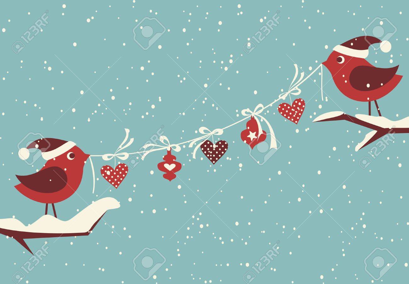 クリスマスの装飾を持つ 2 つのかわいい鳥のイラストのイラスト素材 ベクタ Image クリスマスの装飾を持つ 2 つのかわいい鳥のイラストのイラスト素材 ベクタ Image