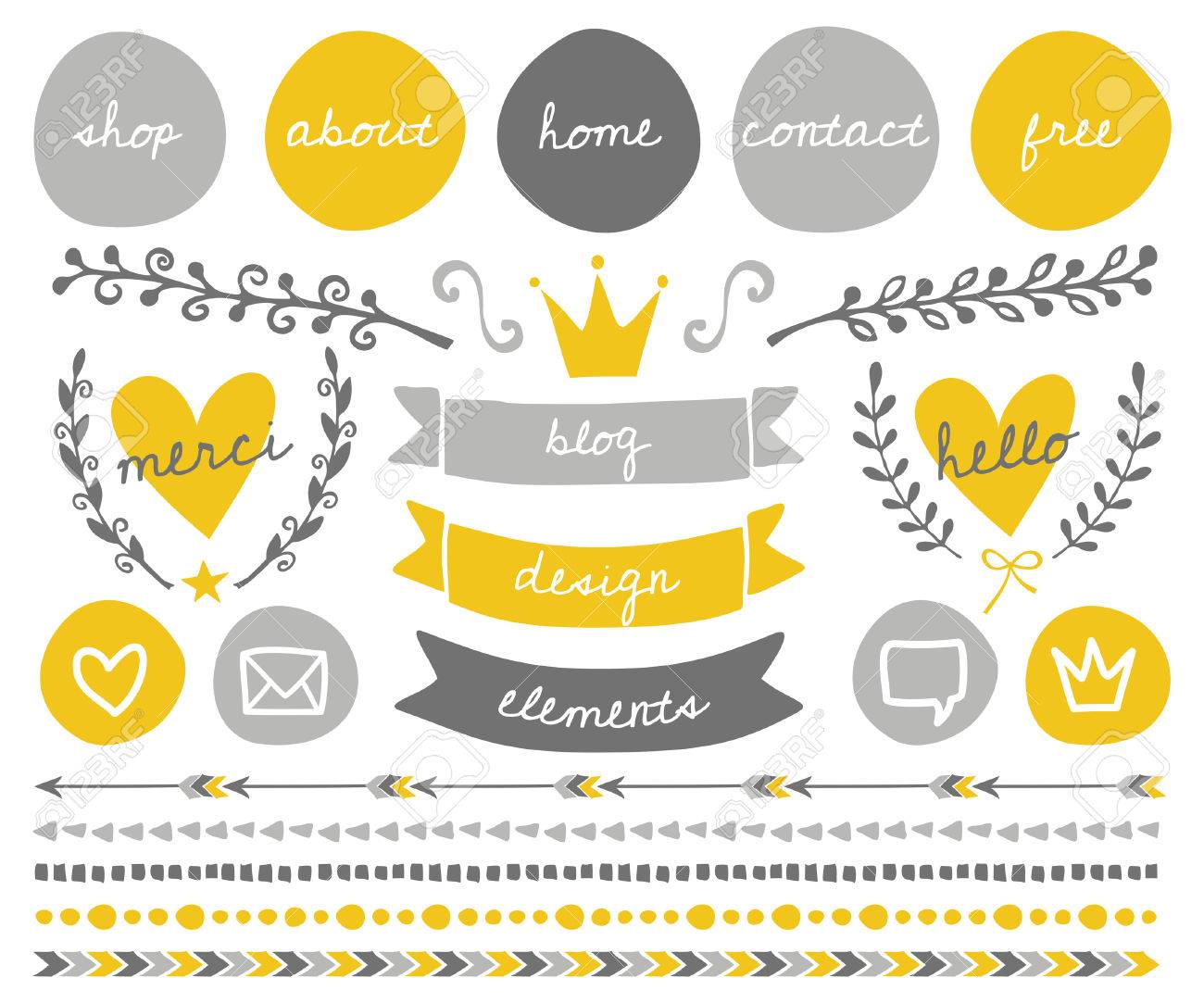 ゴールド イエロー ライトグレー ダークでトレンディなブログ デザイン要素のセット グレー 丸いボタン 月桂樹の花輪 かわいいアイコンは 矢印 フレーム 装飾的なボーダーおよび本文の仕切り のイラスト素材 ベクタ Image