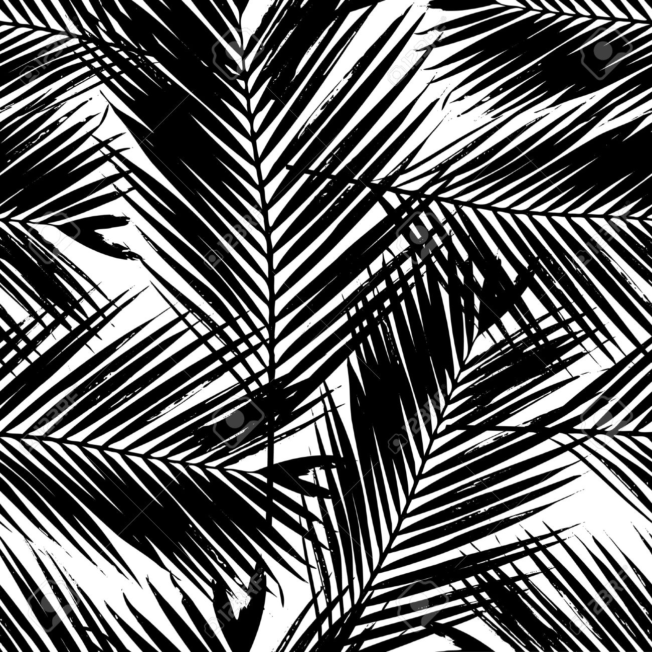 Seamless repeating pattern with silhouettes of palm tree leaves in black on white background stock