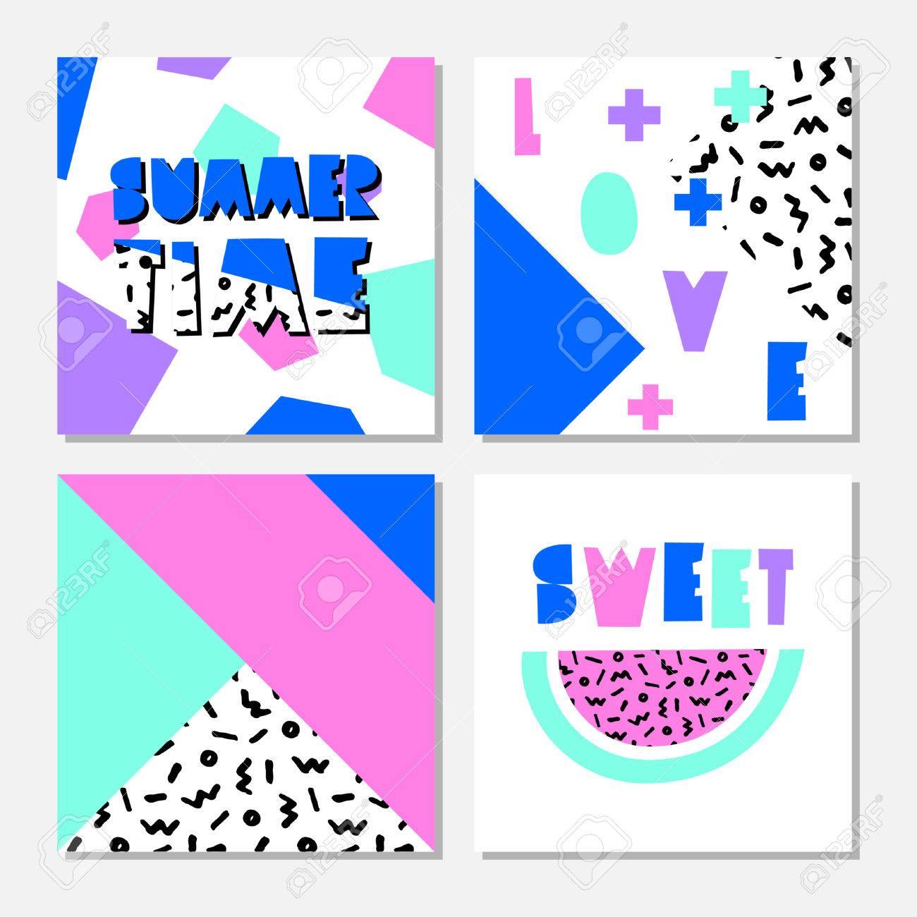 明るい色の幾何学的図形、黒と白のパターンと切り抜き文字でレトロな 