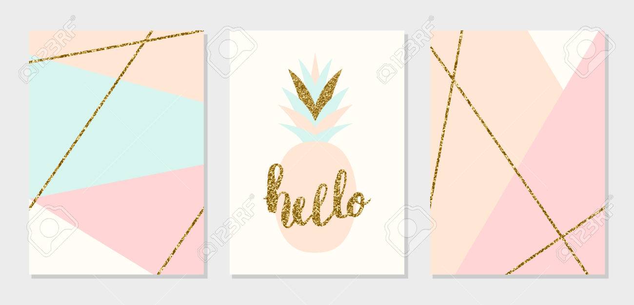 抽象的な幾何学的デザインのセットは ライトブルー クリーム ゴールドラメとパステル ピンクのカードします モダンでスタイリッシュな抽象的な構成のポスター カバー 名刺のデザイン のイラスト素材 ベクタ Image