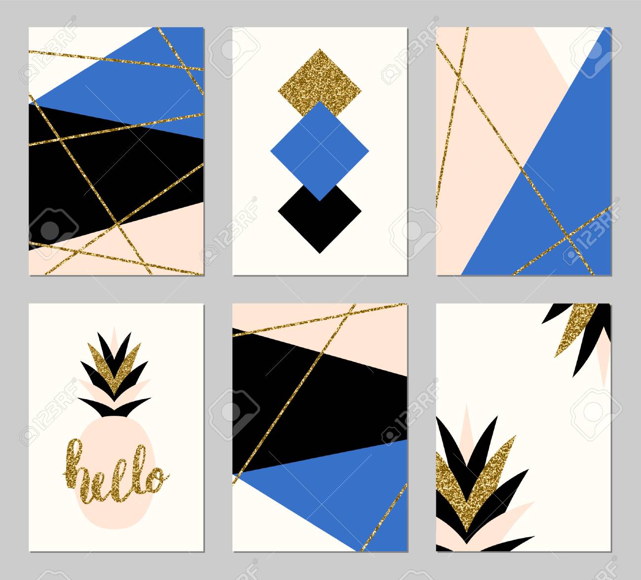 a set of six abstract geometric designs in gold glitter blue blue and black designs