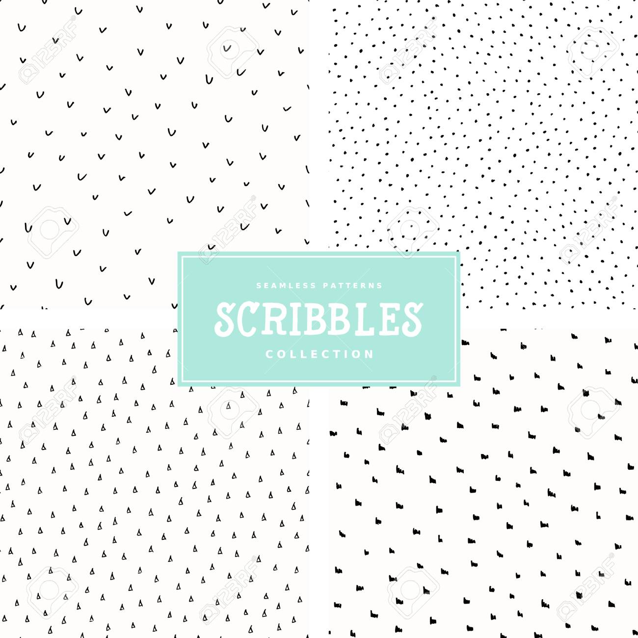 4 つの抽象的なシームレスな繰り返しパターンは黒と白のセット 手描きドット チェック マーク 三角形 フリーハンド ベクトル テクスチャ のイラスト素材 ベクタ Image