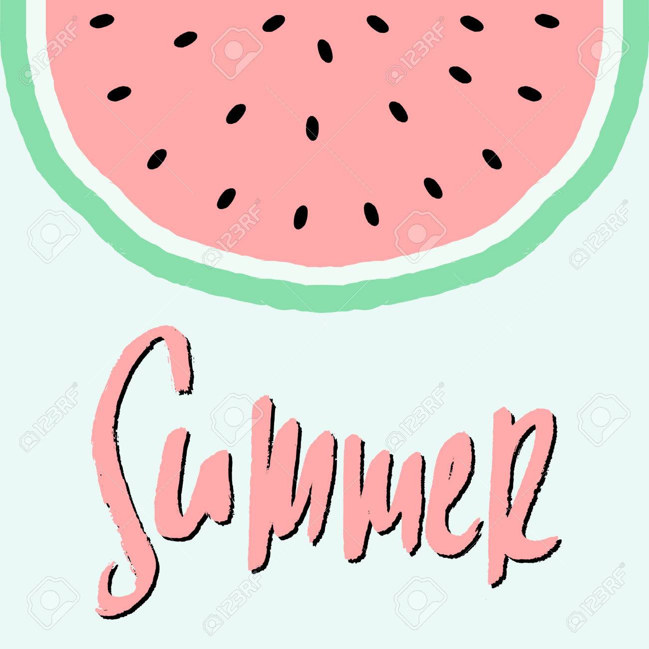 ピンクと水色の背景に緑のスイカのスライスとピンクの手文字本文イラストを抽象化します 夏のグリーティング カード 壁アート T シャツ パッケージ デザイン のイラスト素材 ベクタ Image 3066