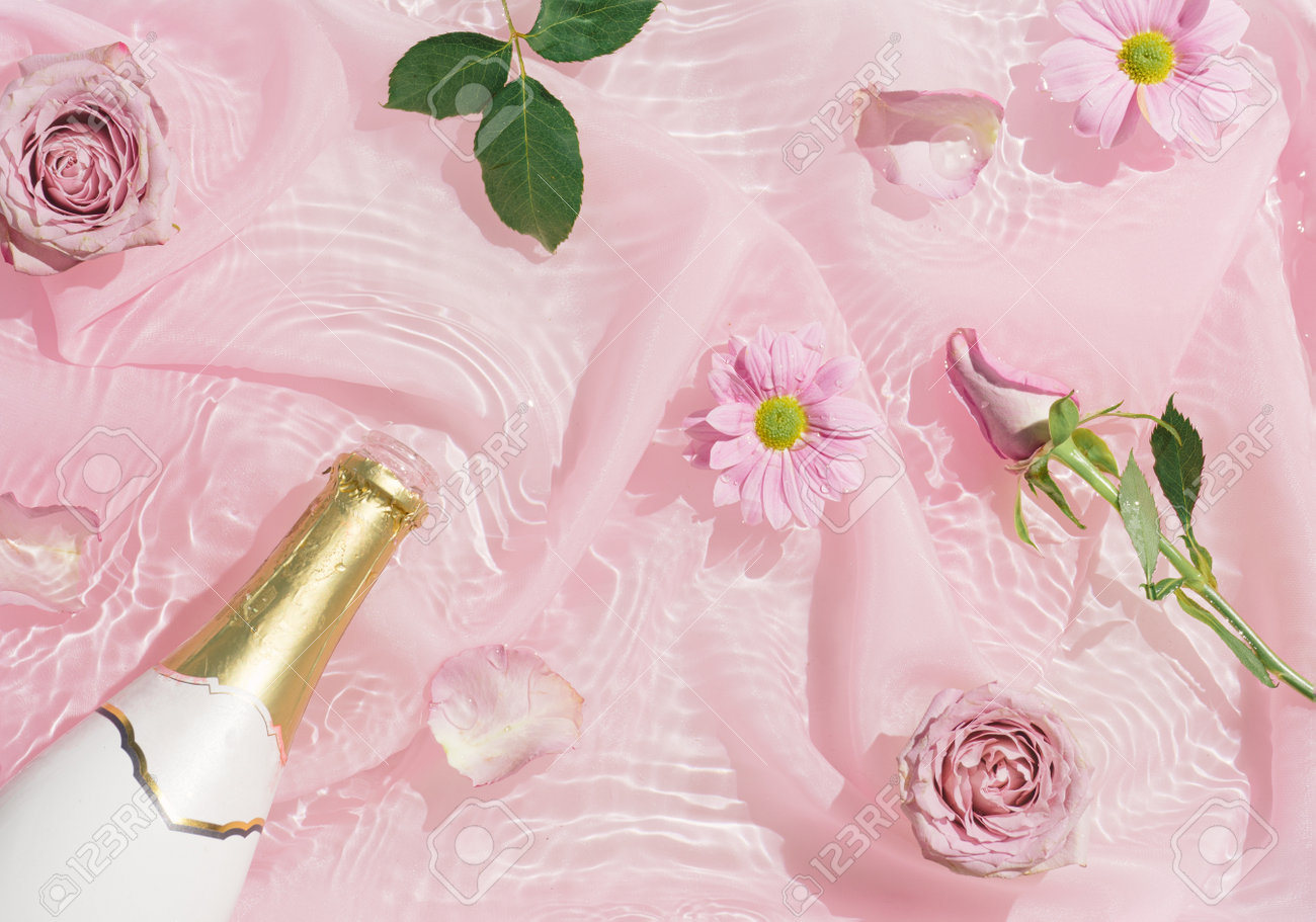 Pink rose flowers in water with silk fabric and champagne bottle. Valentines or woman's day background design. Minimal flat lay nature. - 162580159 Pink rose flowers in water with silk fabric and champagne bottle. Valentines or woman's day background design. Minimal flat lay nature. - 162580159