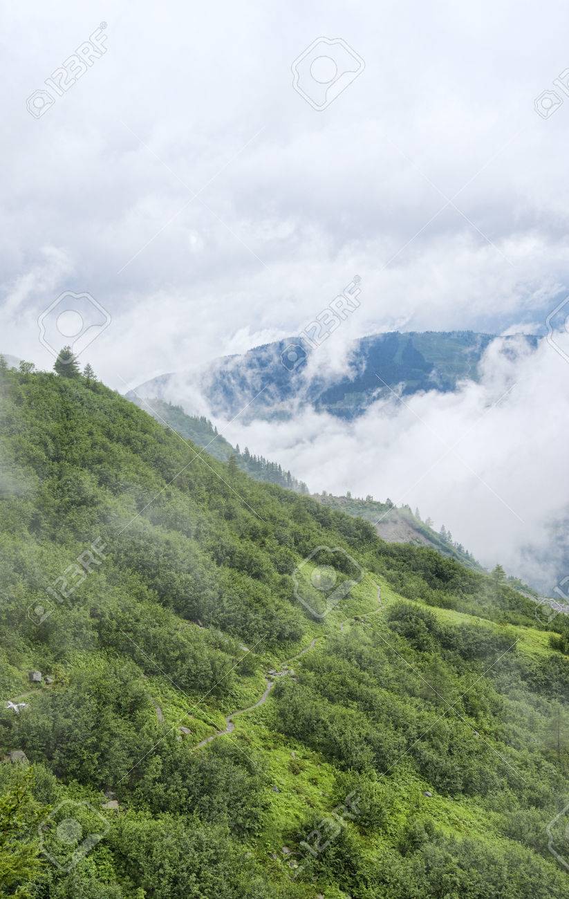 Foggy Landscape Aerial View Of Mountain Forest And Winding Hiking Stock Photo Picture And Royalty Free Image Image 46284036
