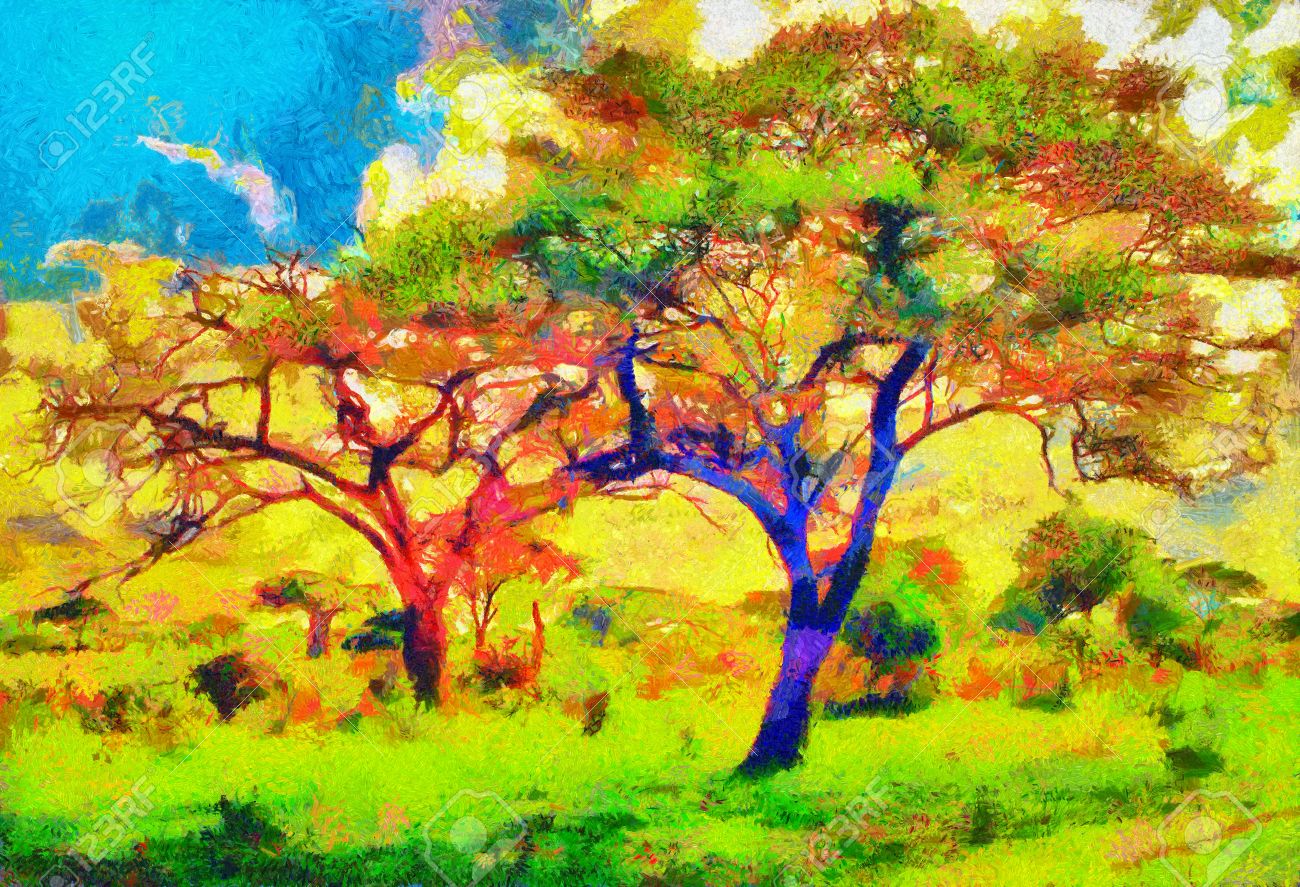 Bunte Baume Impressionist Afrikanische Landschaft Olgemalde Lizenzfreie Fotos Bilder Und Stock Fotografie Image