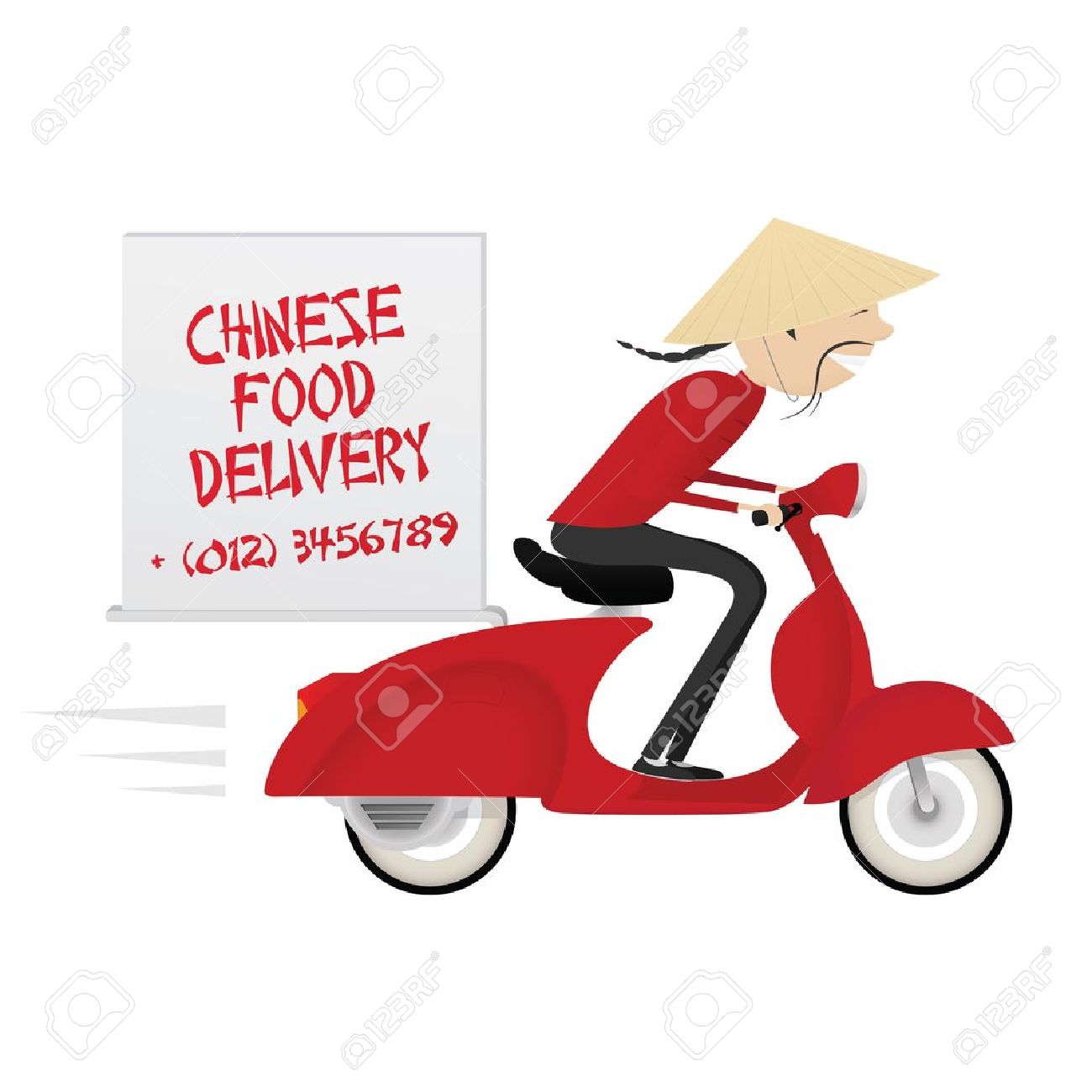 Funny Chinese Food Delivery Boy Riding Motor Bike Royalty Free SVG