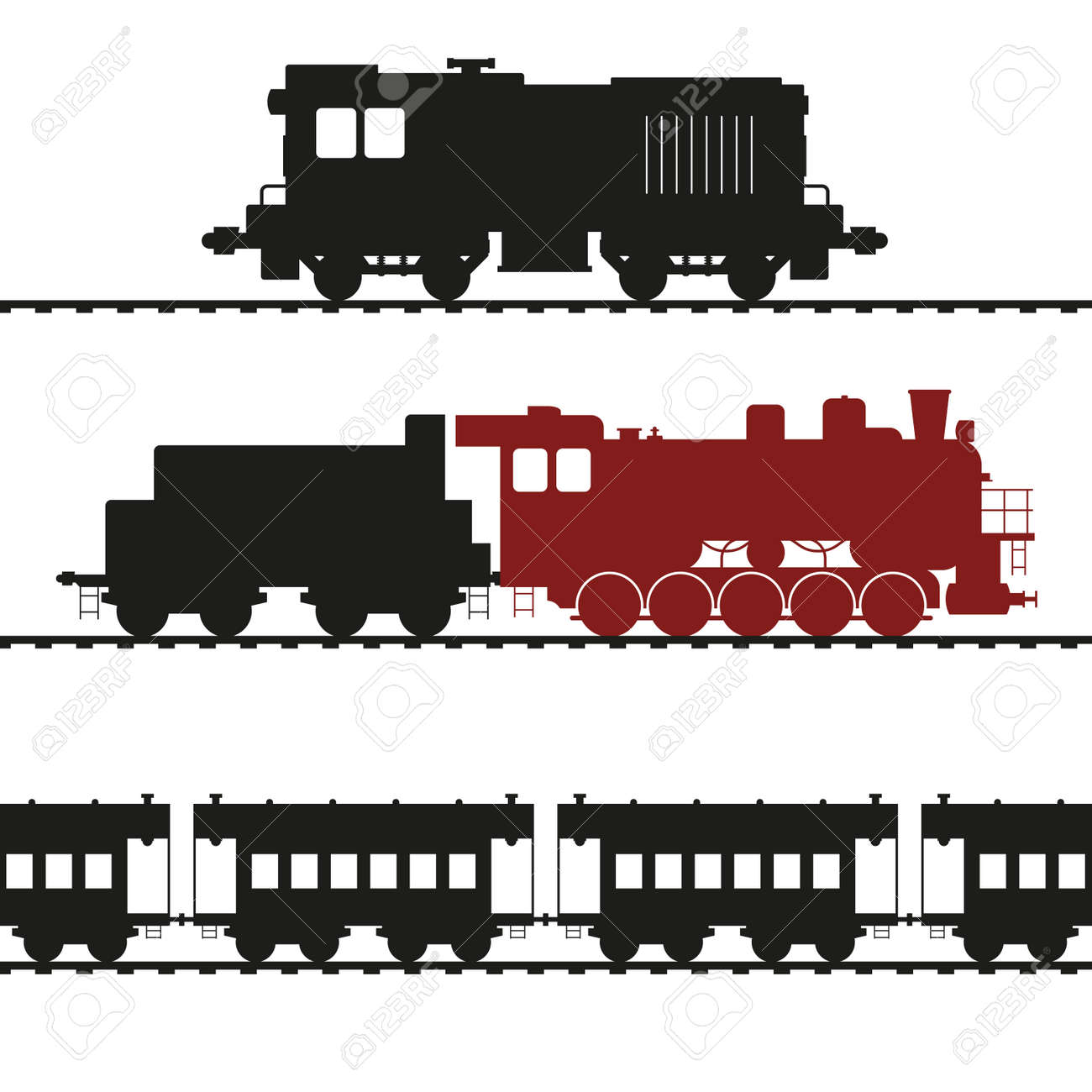 Old locomotives, shunting locomotive and steam locomotive with tender. Vintage wagons. Vector illustration. - 158111467 Old locomotives, shunting locomotive and steam locomotive with tender. Vintage wagons. Vector illustration. - 158111467