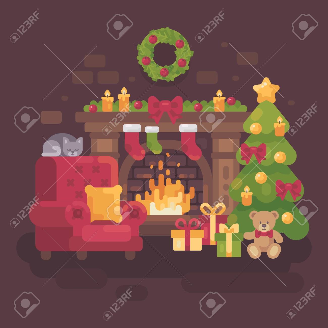 居心地の良い暖炉 赤い肘掛け椅子 プレゼント クリスマス ツリー 眠り猫とクリスマスの部屋を装飾されています ホリデー フラット図のイラスト素材 ベクタ Image 居心地の良い暖炉 赤い肘掛け椅子 プレゼント クリスマス ツリー 眠り猫とクリスマスの部屋を装飾されています ホリデー フラット図のイラスト素材 ベクタ Image