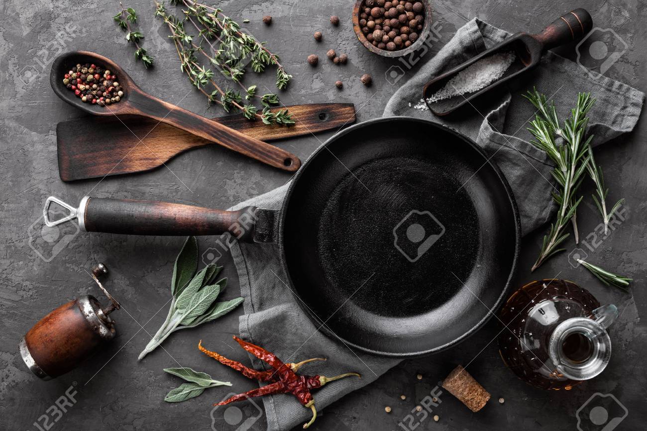 dark culinary background with empty black pan and space for text recipe or menu - 71732230 dark culinary background with empty black pan and space for text recipe or menu - 71732230