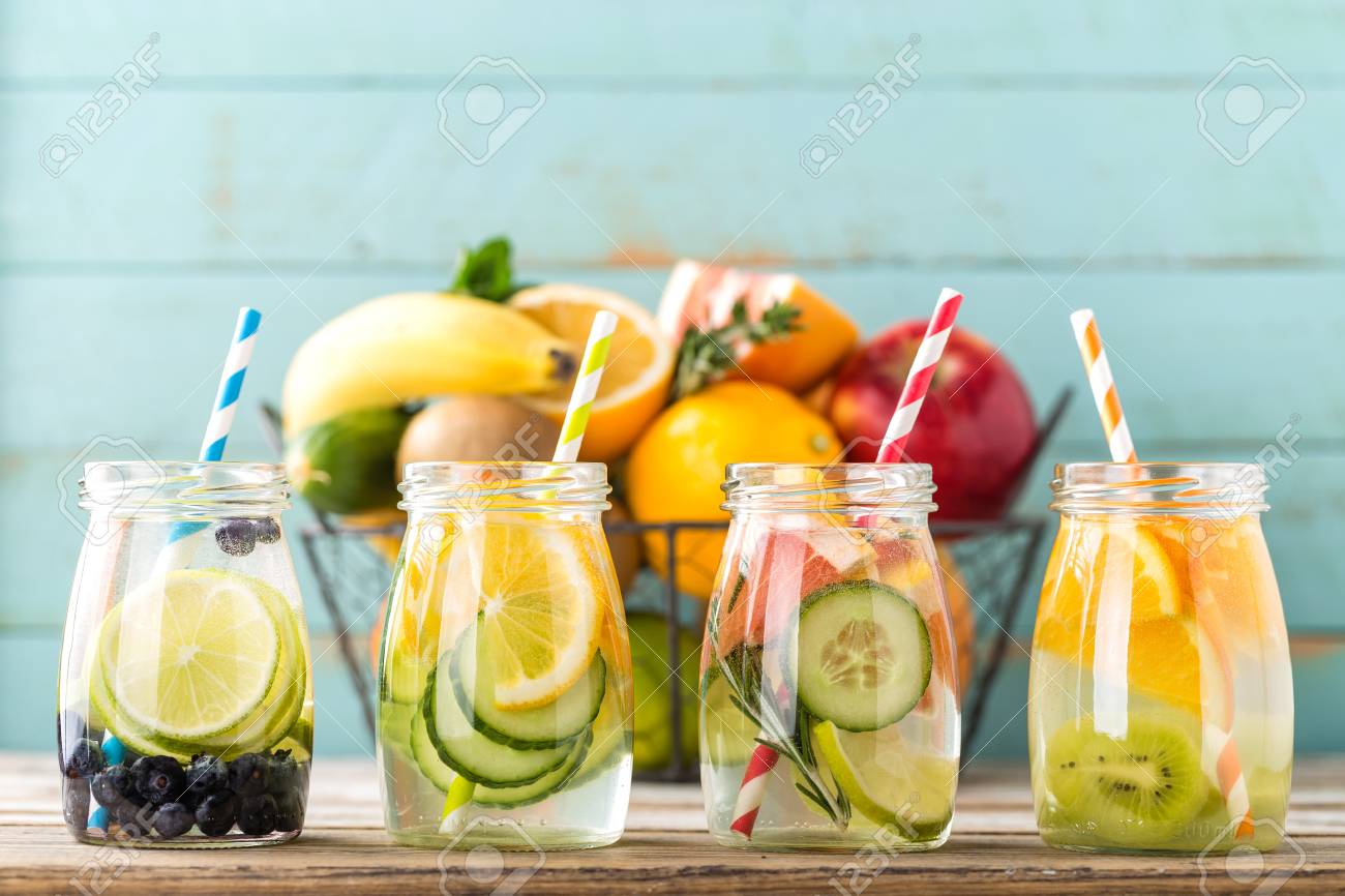 Variety Of Fruit Infused Detox Water In Glass Jars For A Healthy Stock Photo Picture And Royalty Free Image Image 72813862
