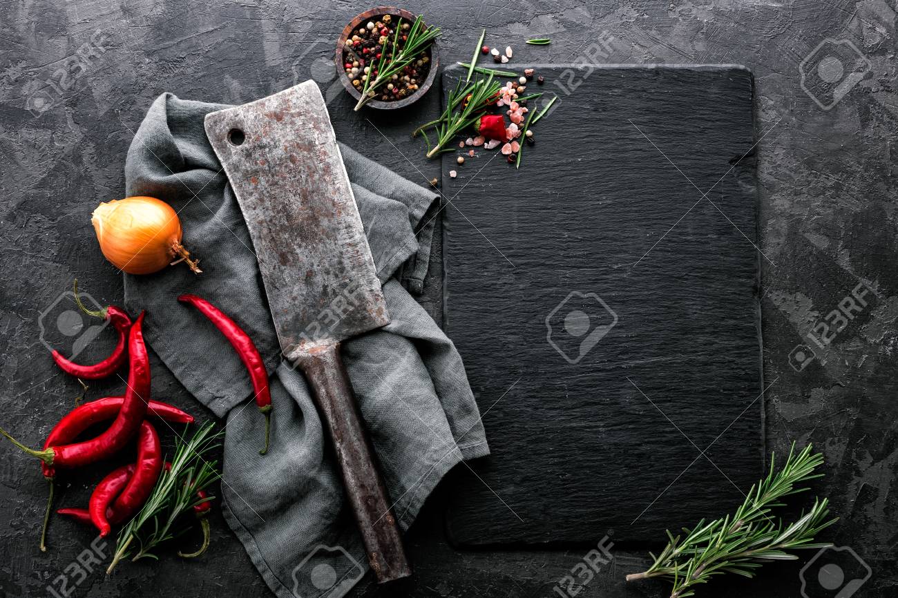 dark culinary background with empty black slate board and space for text recipe or meat menu - 93697240 dark culinary background with empty black slate board and space for text recipe or meat menu - 93697240