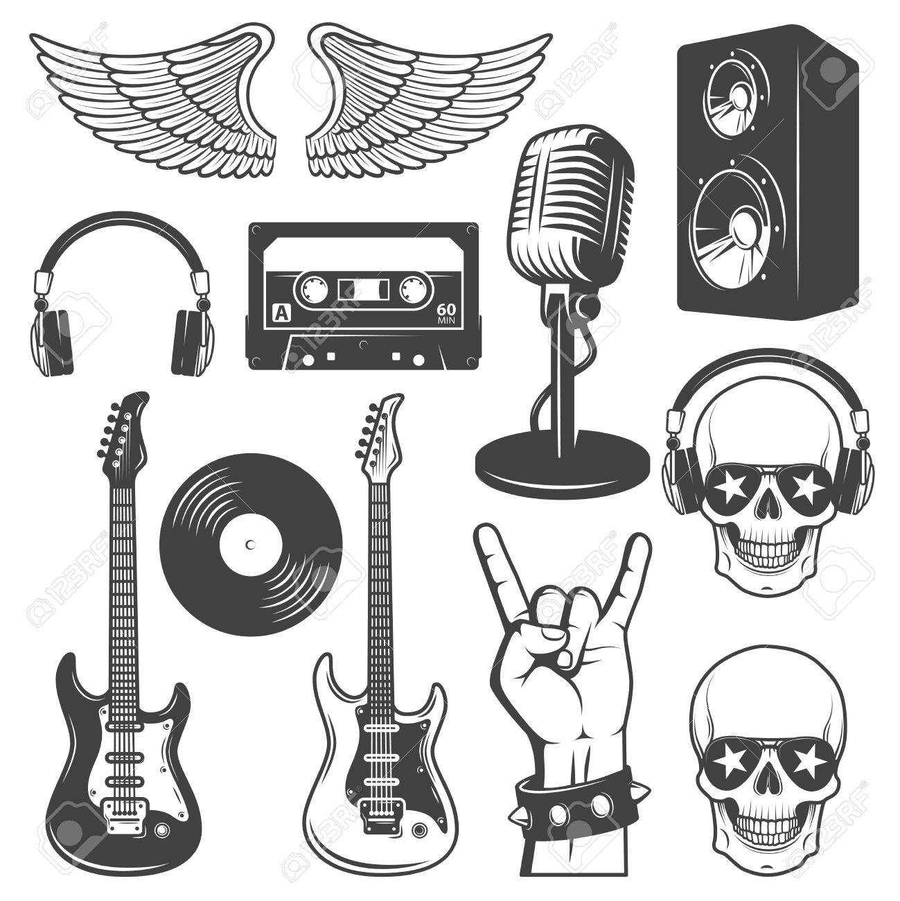 Set of rock and roll music elements. Monochrome - 33901863 Set of rock and roll music elements. Monochrome - 33901863