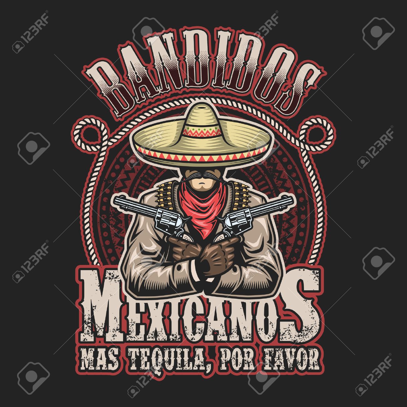 メキシコの盗賊印刷テンプレートのベクター Illustrtion テキストとソンブレロで手で銃を持つ男 のイラスト素材 ベクタ Image