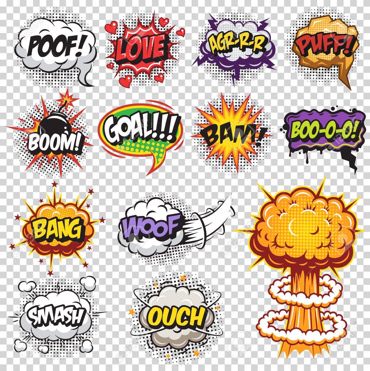 set of comics speech and explosion bubbles colored with text