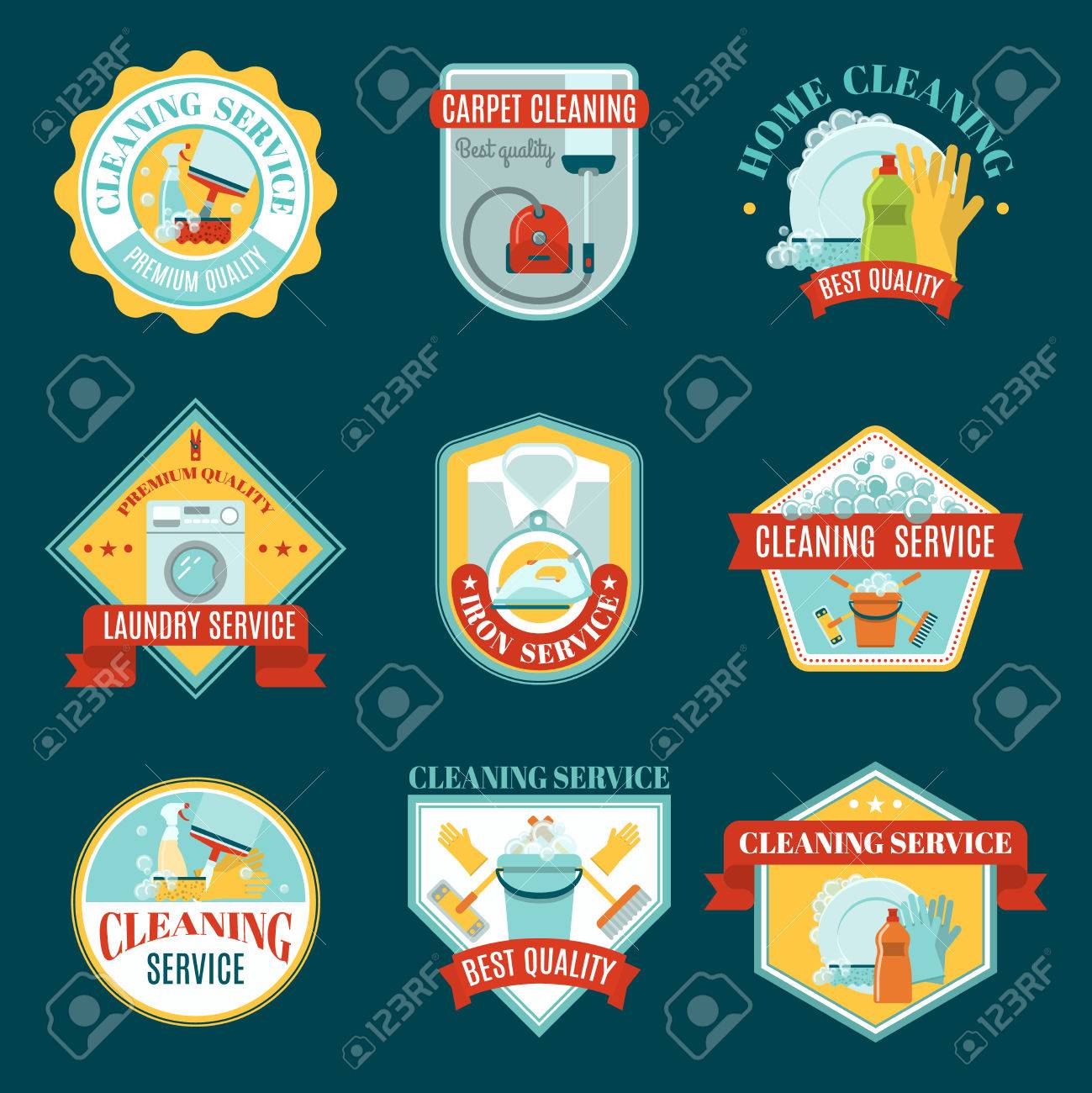 colored emblem set with types of cleaning services and tools different cleaning services