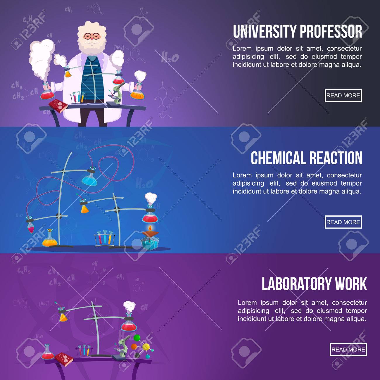 chemistry lab colored horizontal banner set with titles university titles of work