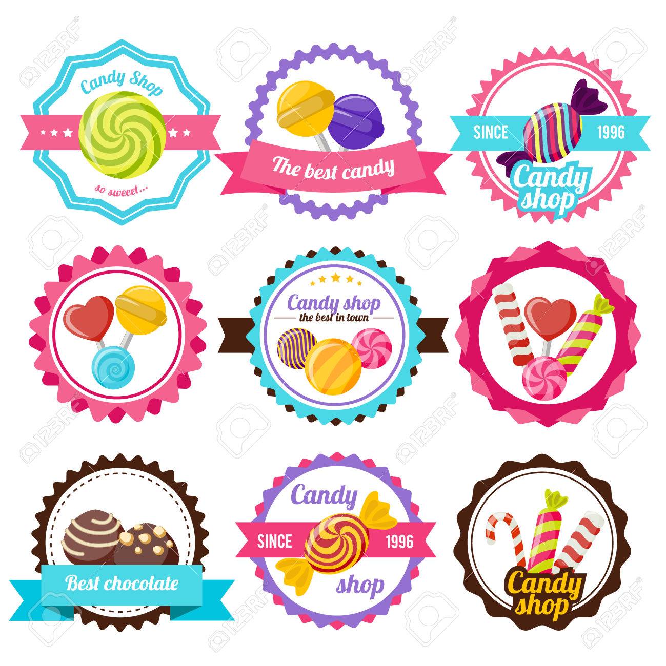sweet candy flat emblem or round logos in different colors with round logos