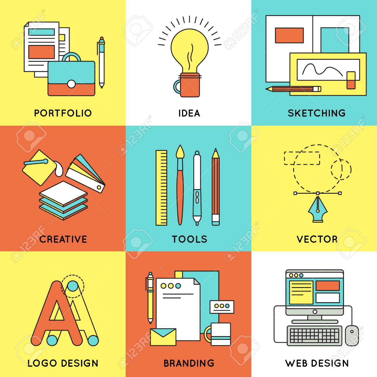 Web デザイン ライン アイコンをポートフォリオ アイデア スケッチのクリエイティブ ツールのロゴ デザイン ブランディングと Web デザインのベクトル図の説明と設定 のイラスト素材 ベクタ Image