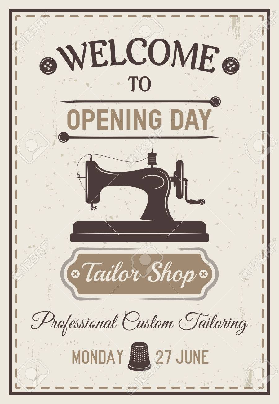 gray tailor poster or flyer with headline welcome to opening