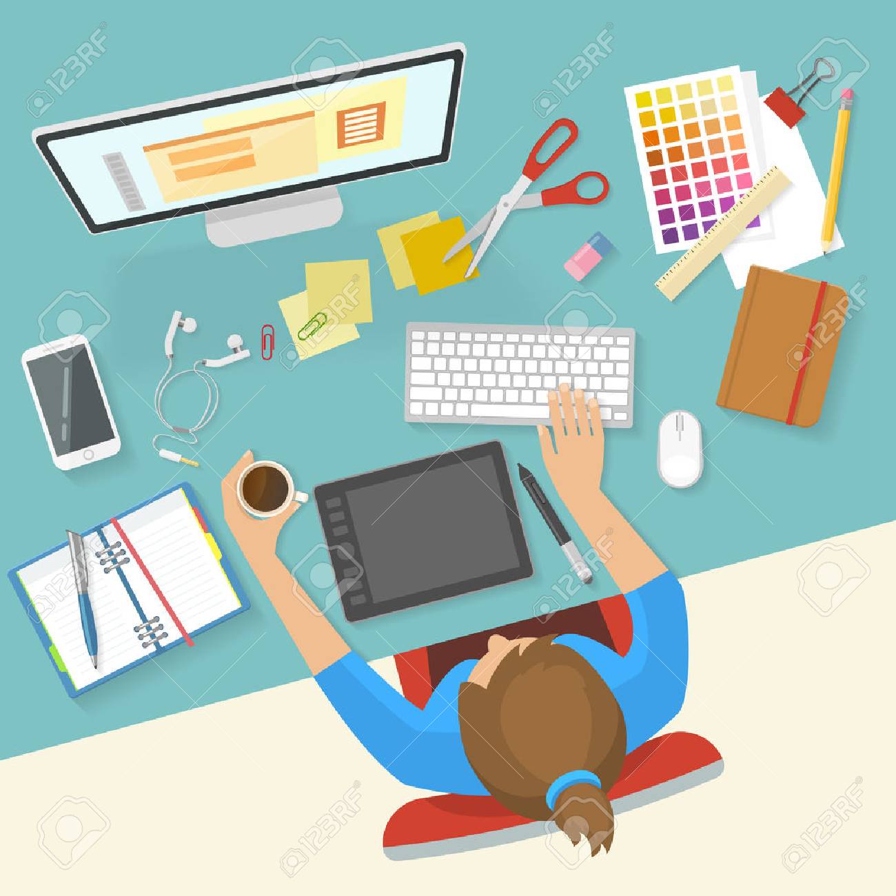 コーヒー カップ忙しい作業プロセス ベクトル イラストが机で梨花ワークスペース構成女の子 のイラスト素材 ベクタ Image