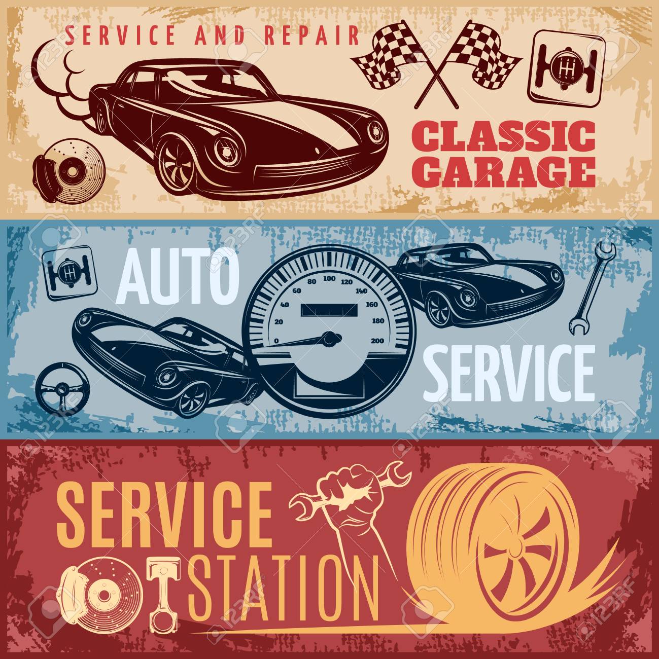 Three Horizontal Retro Car Repair Banner Set With Descriptions Royalty Free Cliparts Vectors And Stock Illustration Image