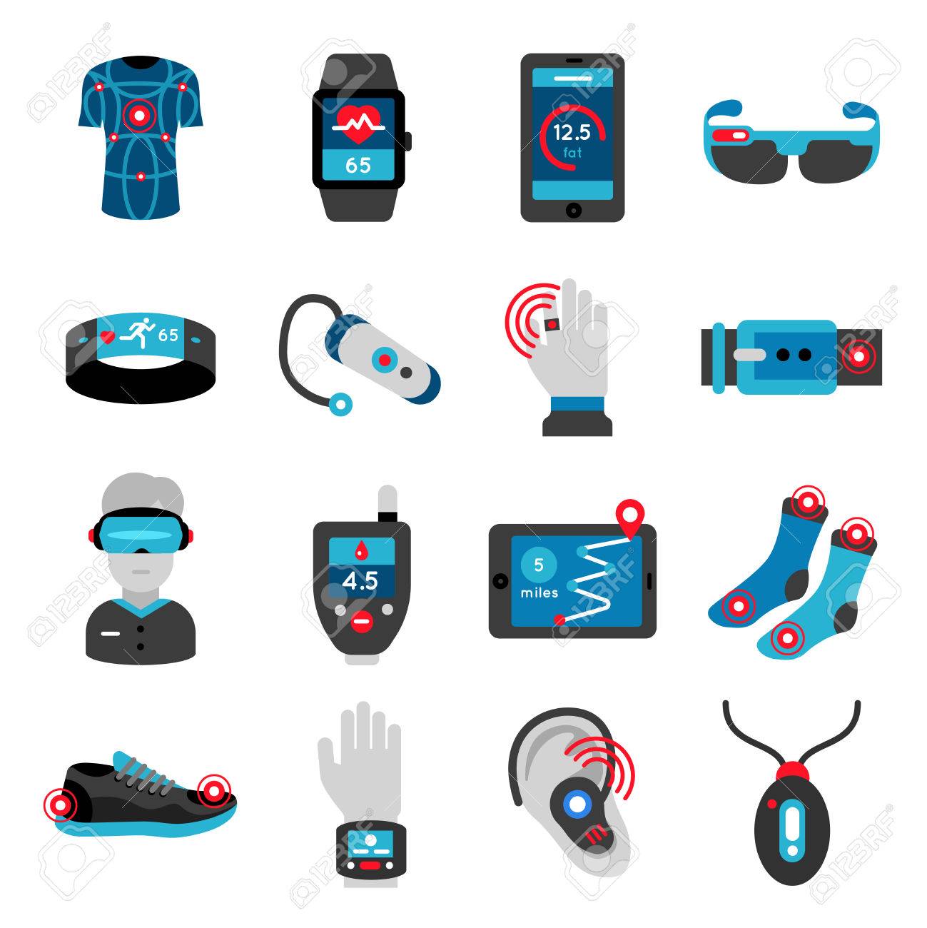 Iconos Planos De Tecnología Inteligente Establece Con La Ropa Deportiva De La Correa Del Anillo Braselet Zapatillas De Deporte De Equipo Médico Ver Ilustración Vectorial Aislado Ilustraciones Svg, Vectoriales, Clip Art