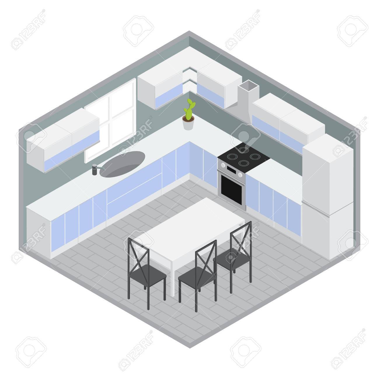 Isométrique Maison Salle à Manger Avec Placards Et Armoires Bleu Blanc Table Chaises Murs Gris Vecteur De Plante Illustration