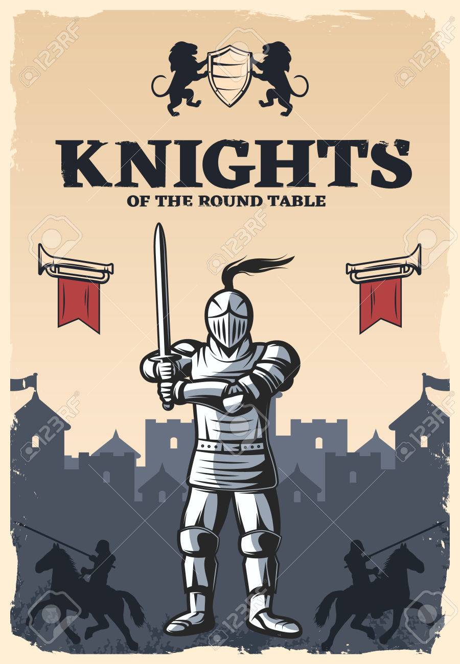 Knights Of Round Table Poster With Armed And Armored Warrior On Medieval  Castle Background Vector Illustration Royalty Free SVG, Cliparts, Vectors,  and Stock Illustration. Image 62918411., image size:900x1300
