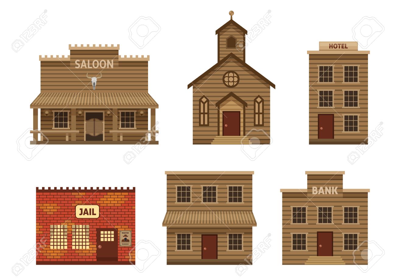 野生の西の家住宅と教会ホテルとサルーン分離された石造りの刑務所のベクトル イラスト セット のイラスト素材 ベクタ Image