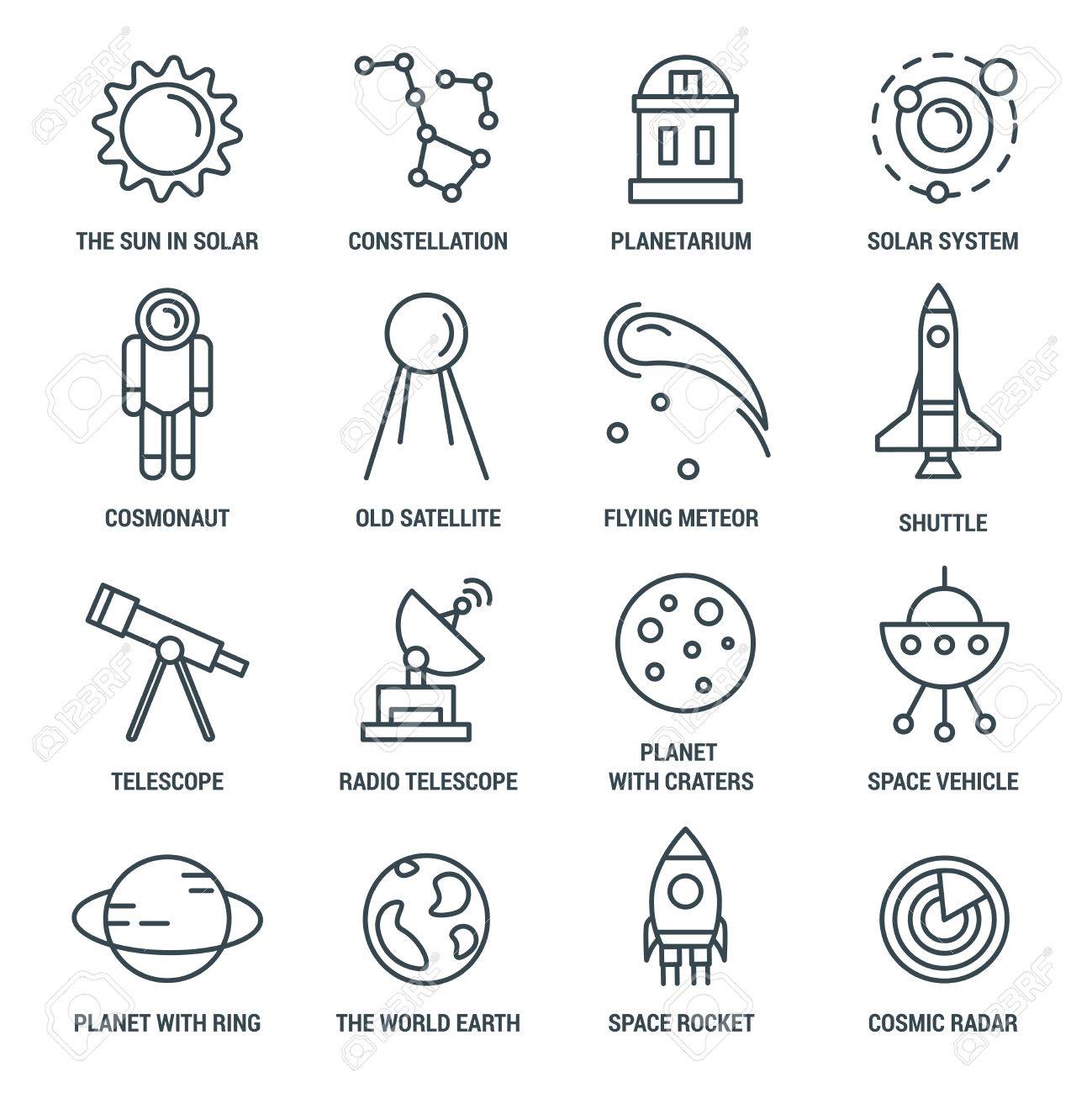 Space Monochrome Linear Icons With Solar System Constellations Shuttle And Rocket Telescopes And Astronaut Isolated Vector Illustration Royalty Free Cliparts Vectors And Stock Illustration Image 63240275