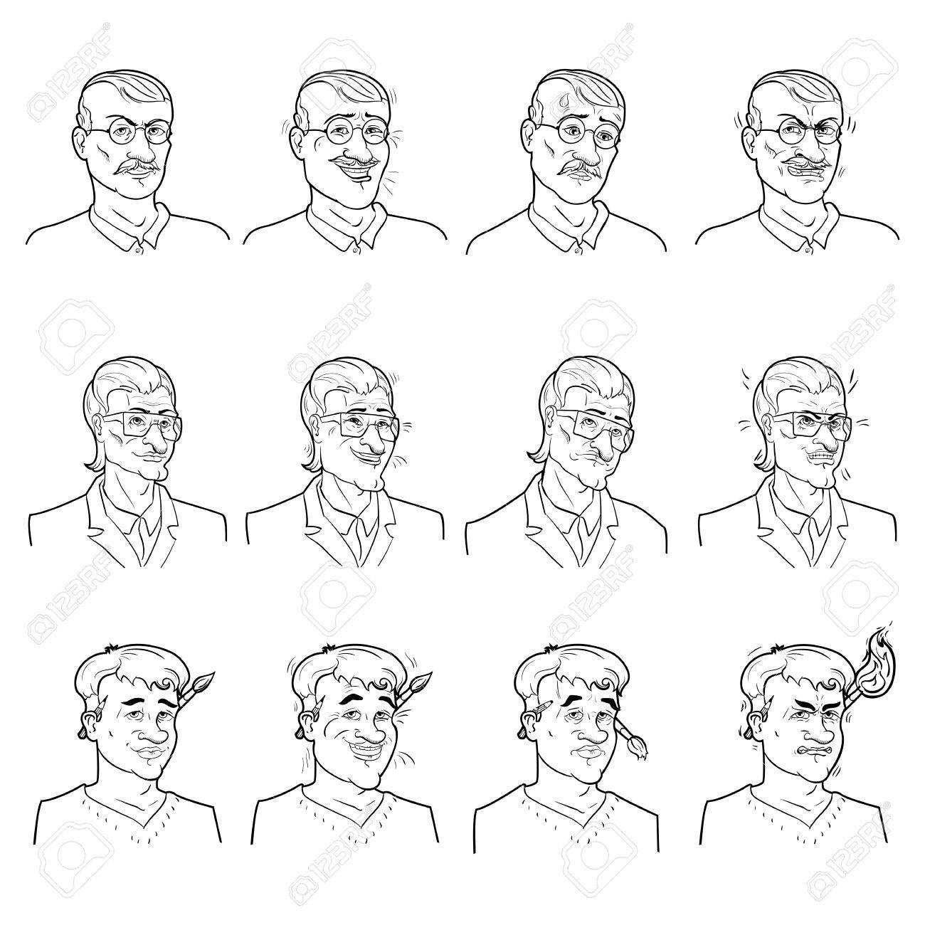 ビジネスの感情のアバターは男性分離ベクトル イラストの顔に落ち着き喜び疑問と怒り設定します のイラスト素材 ベクタ Image