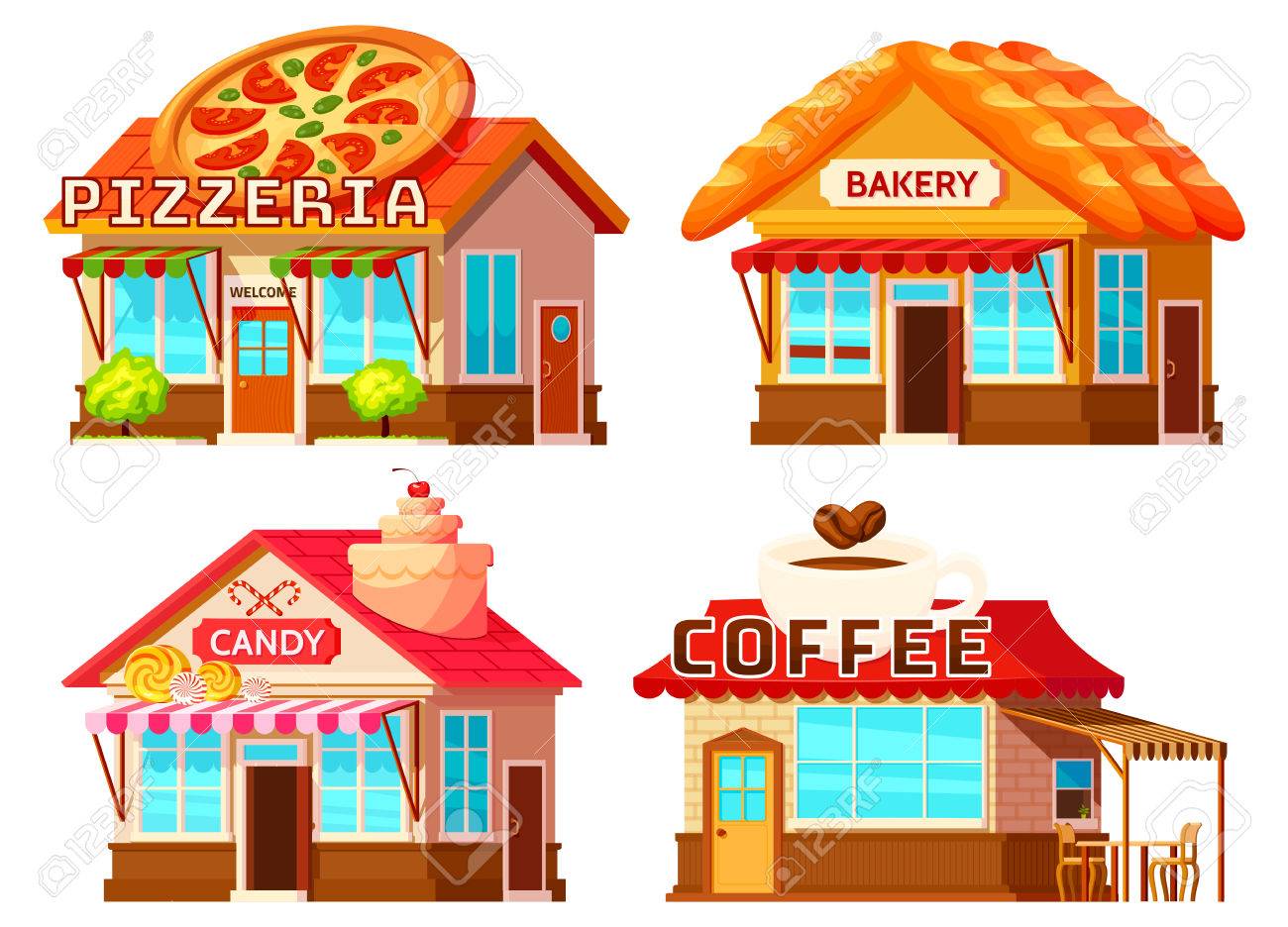 Isolated Coffee Bakery Pizzeria And Candy Shop Colorful Storefronts