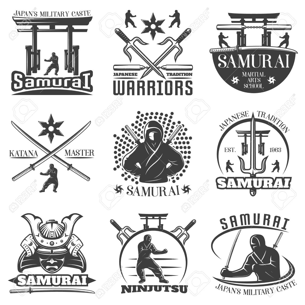 nine isolated monochrome emblems