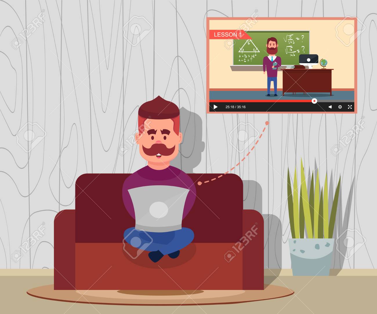 ノート パソコン フラット図のオンライン レッスンを見てインテリアの男の文字概念構成のオンライン学習のイラスト素材 ベクタ Image ノート パソコン フラット図のオンライン レッスンを見てインテリアの男の文字概念構成のオンライン学習のイラスト素材 ベクタ Image