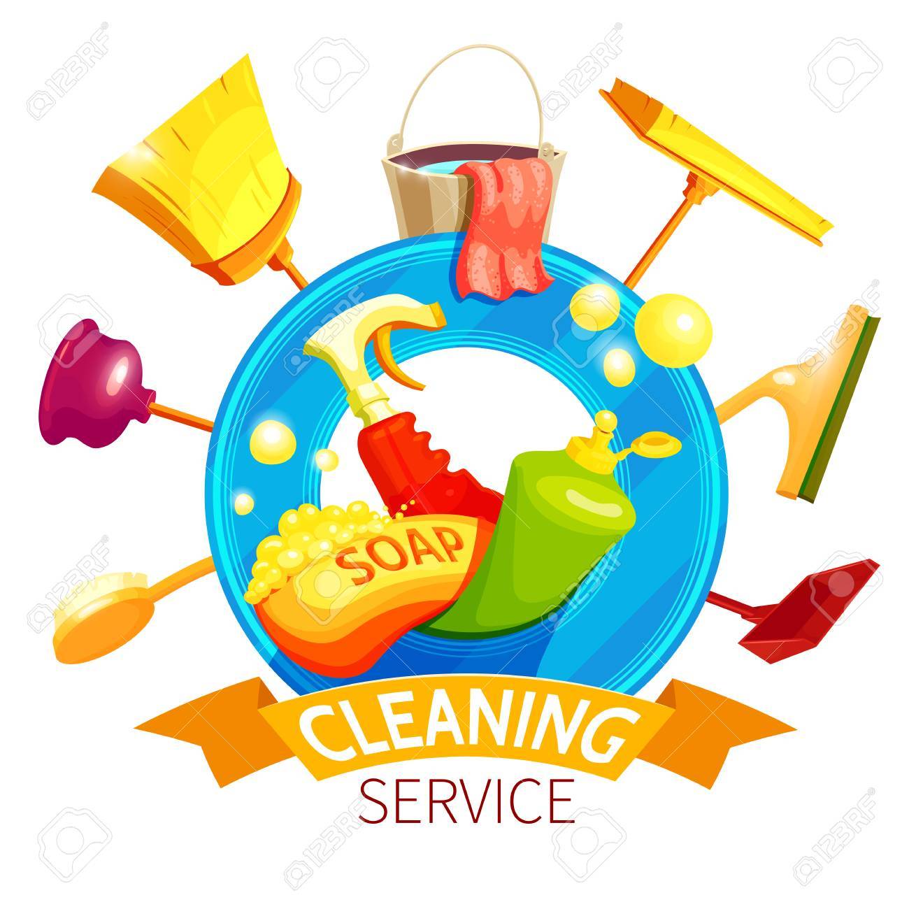 cleaning business composition with cleaner attributes colored images for cleaning business