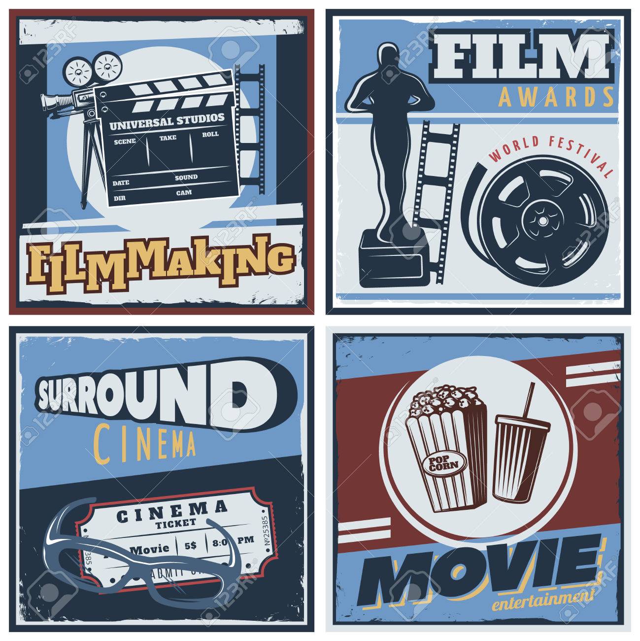 ポップアート スタイル フィルムと映画祭とカラフルな正方形構成記号ドリンクとポップコーンの図 のイラスト素材 ベクタ Image