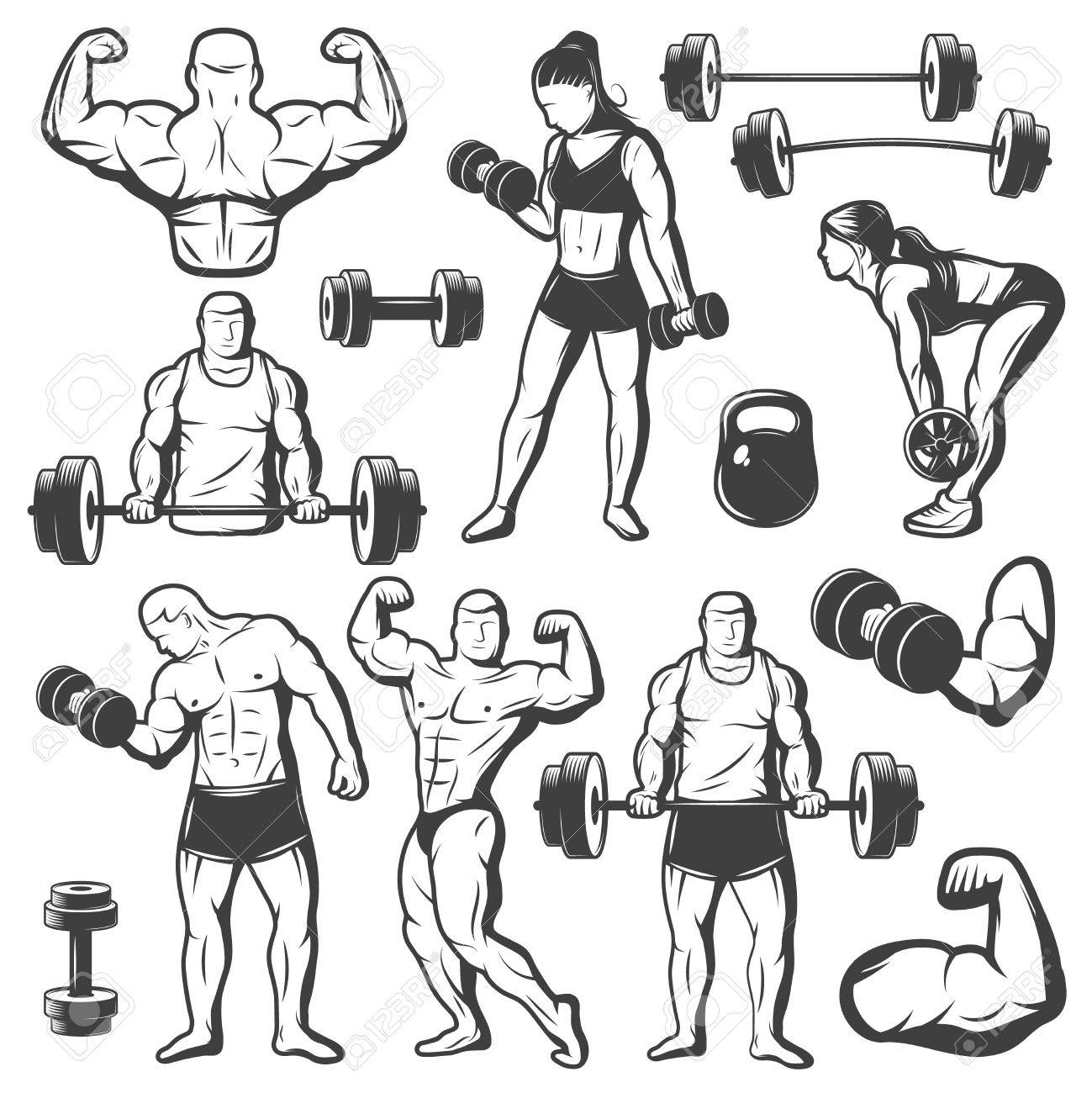 黒分離バーベル イラスト スポーツ演習を行う男女とビンテージ ボディービルのアイコンを設定 のイラスト素材 ベクタ Image