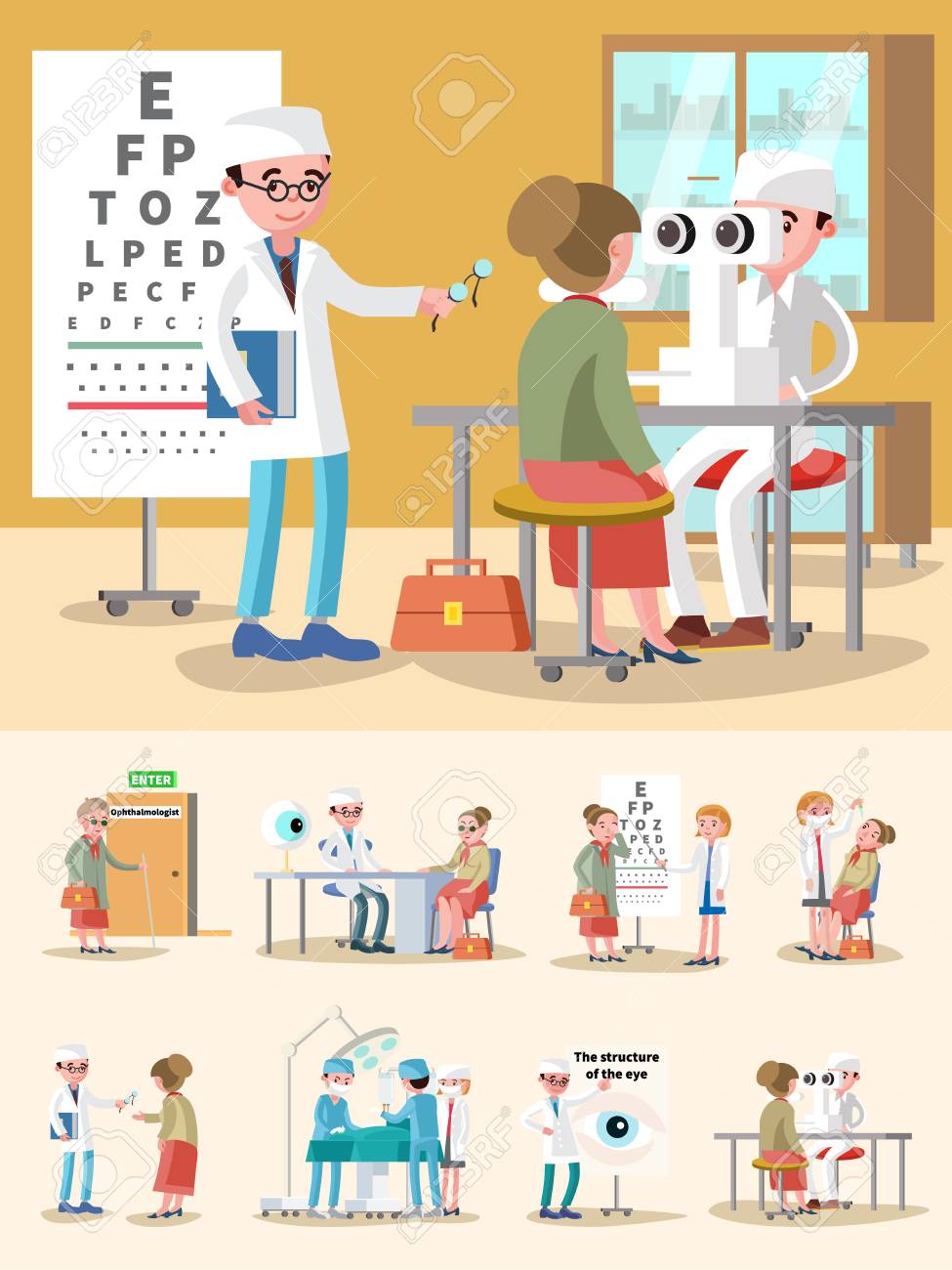 Medical treatment ophthalmology composition with consultation eye signt test diagnostic optical correction surgery procedures vector illustration - 74536651 Medical treatment ophthalmology composition with consultation eye signt test diagnostic optical correction surgery procedures vector illustration - 74536651