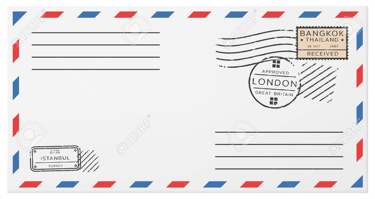 blank horizontal postal envelope template with postage stamps