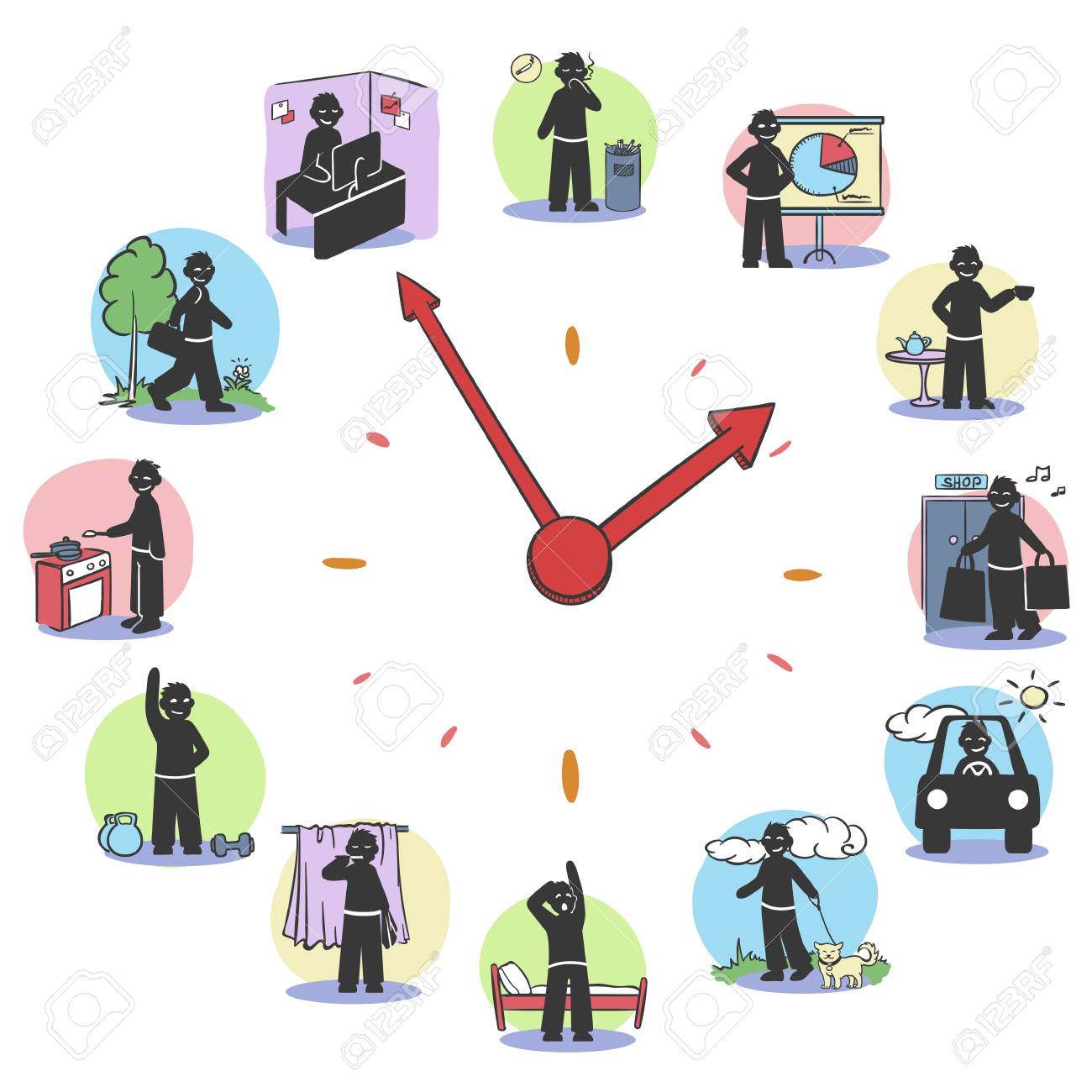 Daily Routine Clock Characters Concept With Man Doing Different Activities During Day Isolated Vector Illustration Royalty Free SVG, Cliparts, Vectors, And Stock Illustration. Image 78269110.