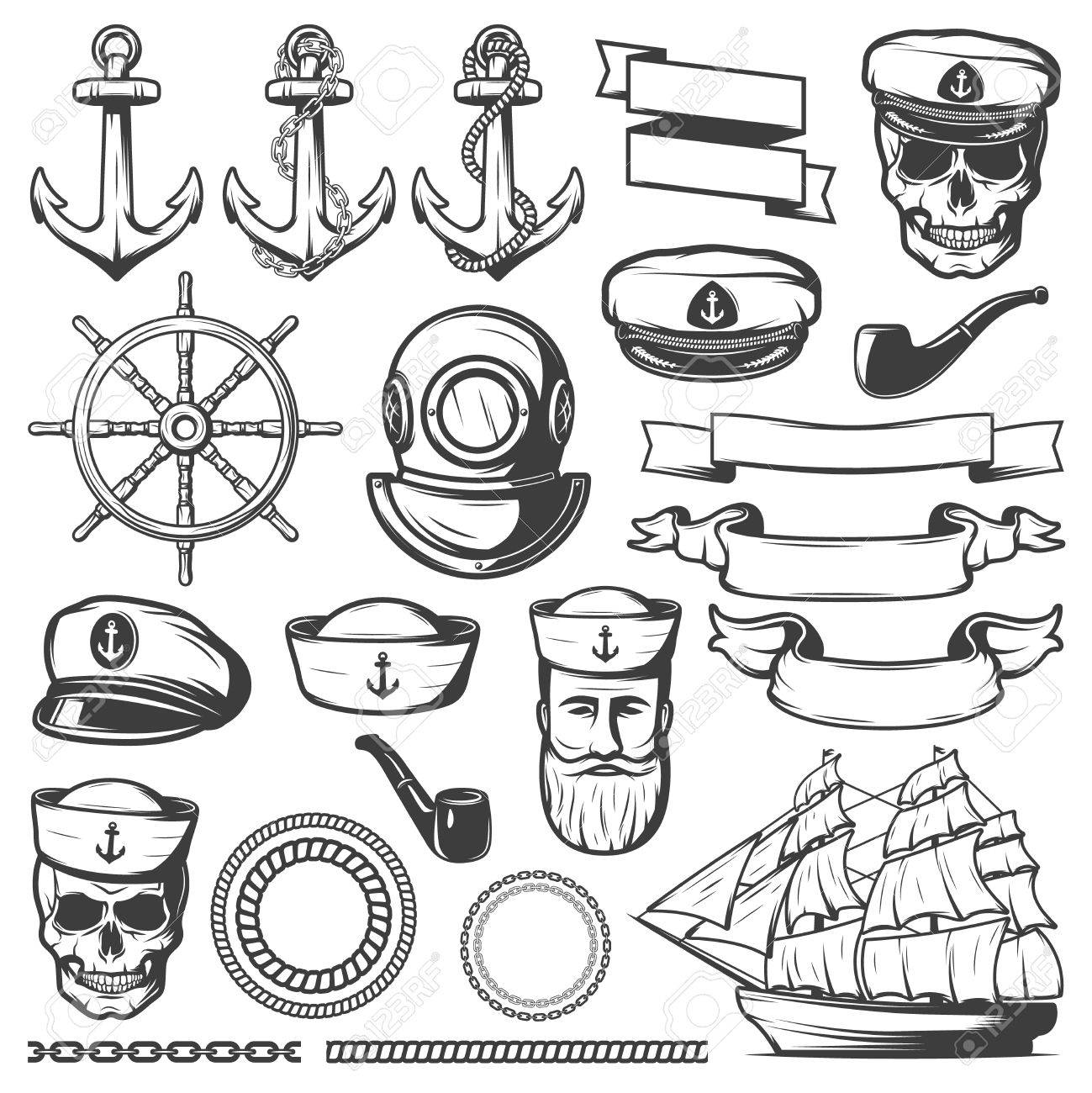 描かれた黒分離ヴィンテージ セーラー海軍アイコン セットと白い背景ベクトル イラスト リボン のイラスト素材 ベクタ Image