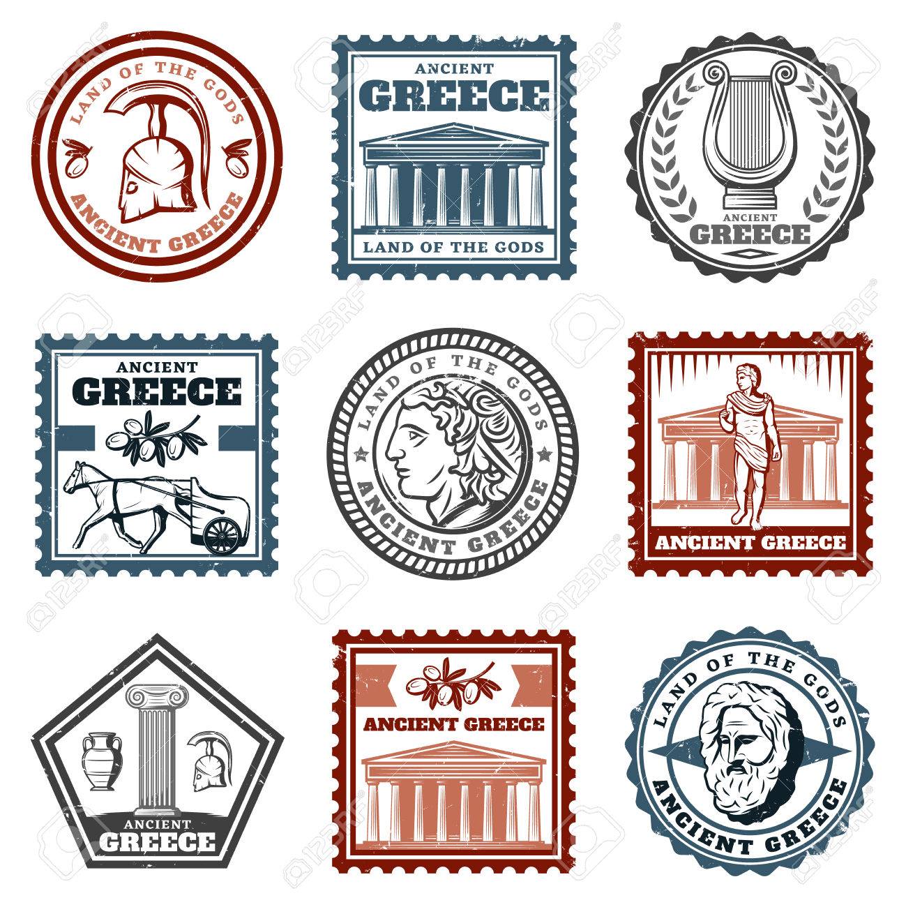 ヘルメット寺ハープ オリーブ チャリオット コイン列哲学者顔分離ベクトル イラスト入りヴィンテージの古代ギリシャのマークのイラスト素材・ベクター  Image 83323410