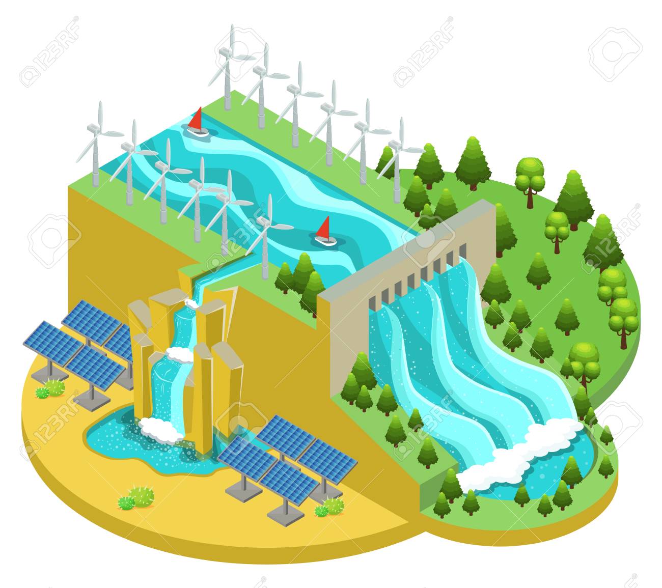 Isometric Alternative Energy Sources Concept Like Water Dam Royalty Free Cliparts Vectors And Stock Illustration Image 87983249