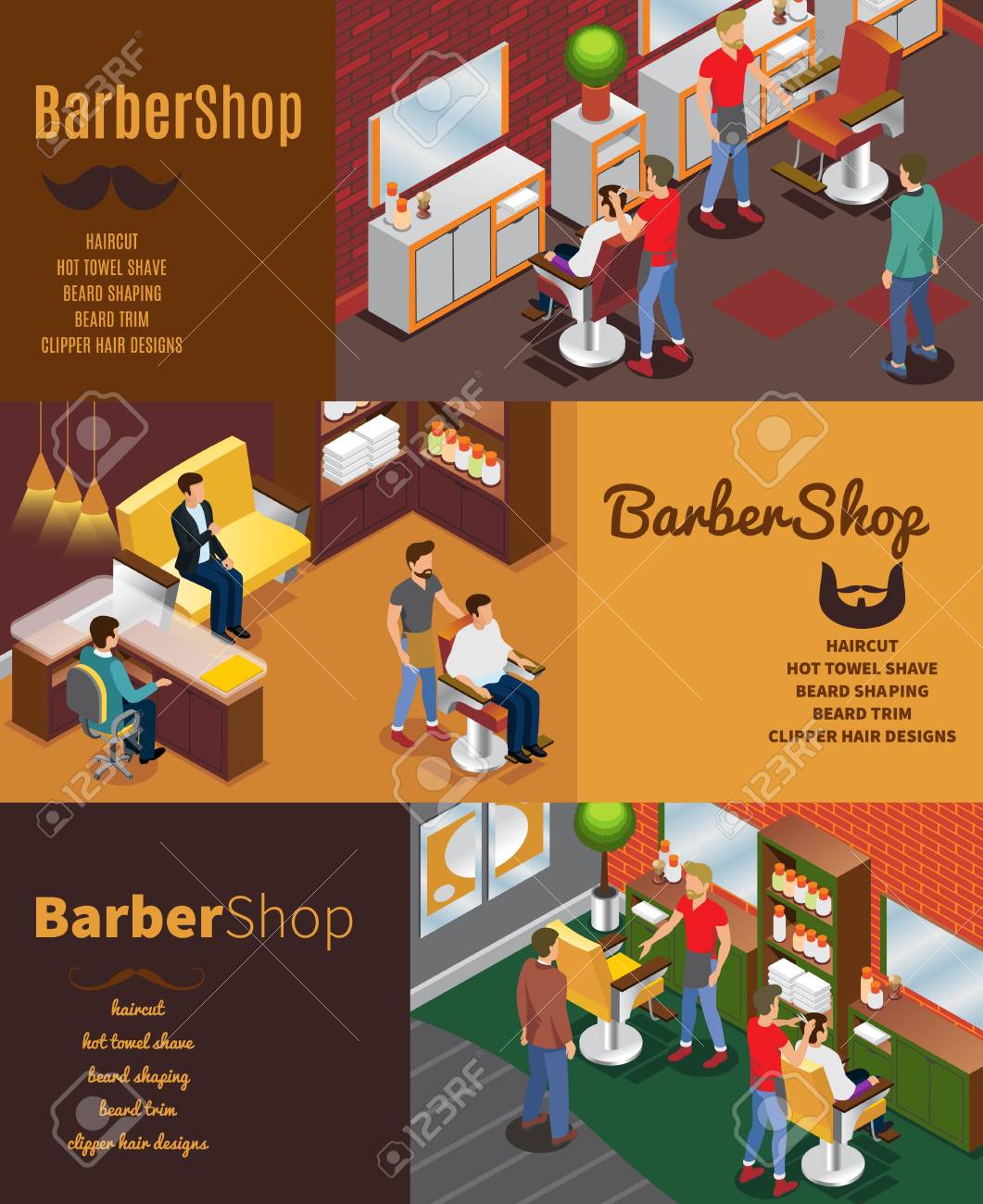 Isometric Barber Shop Horizontal Banners With Hairdressers Clients