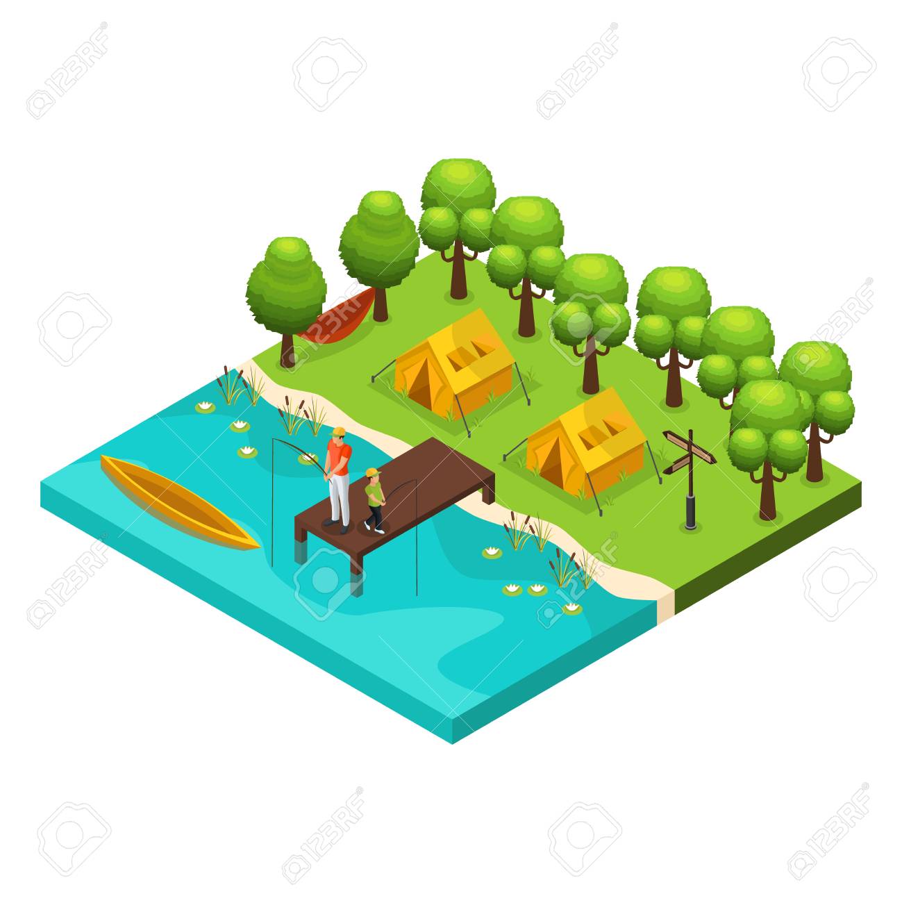 Isometric weekend recreation concept with father and son fishing together on lake isolated vector illustration - 102340114 Isometric weekend recreation concept with father and son fishing together on lake isolated vector illustration - 102340114