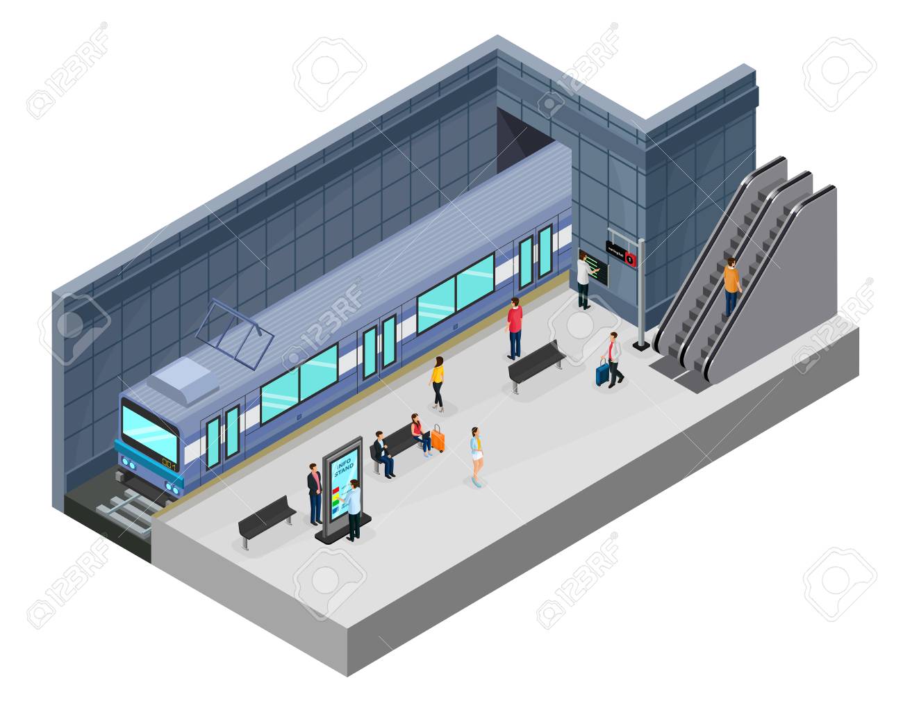 Isometric subway station concept with passengers on platform train escalator information stand and seats isolated vector illustration - 102340173 Isometric subway station concept with passengers on platform train escalator information stand and seats isolated vector illustration - 102340173