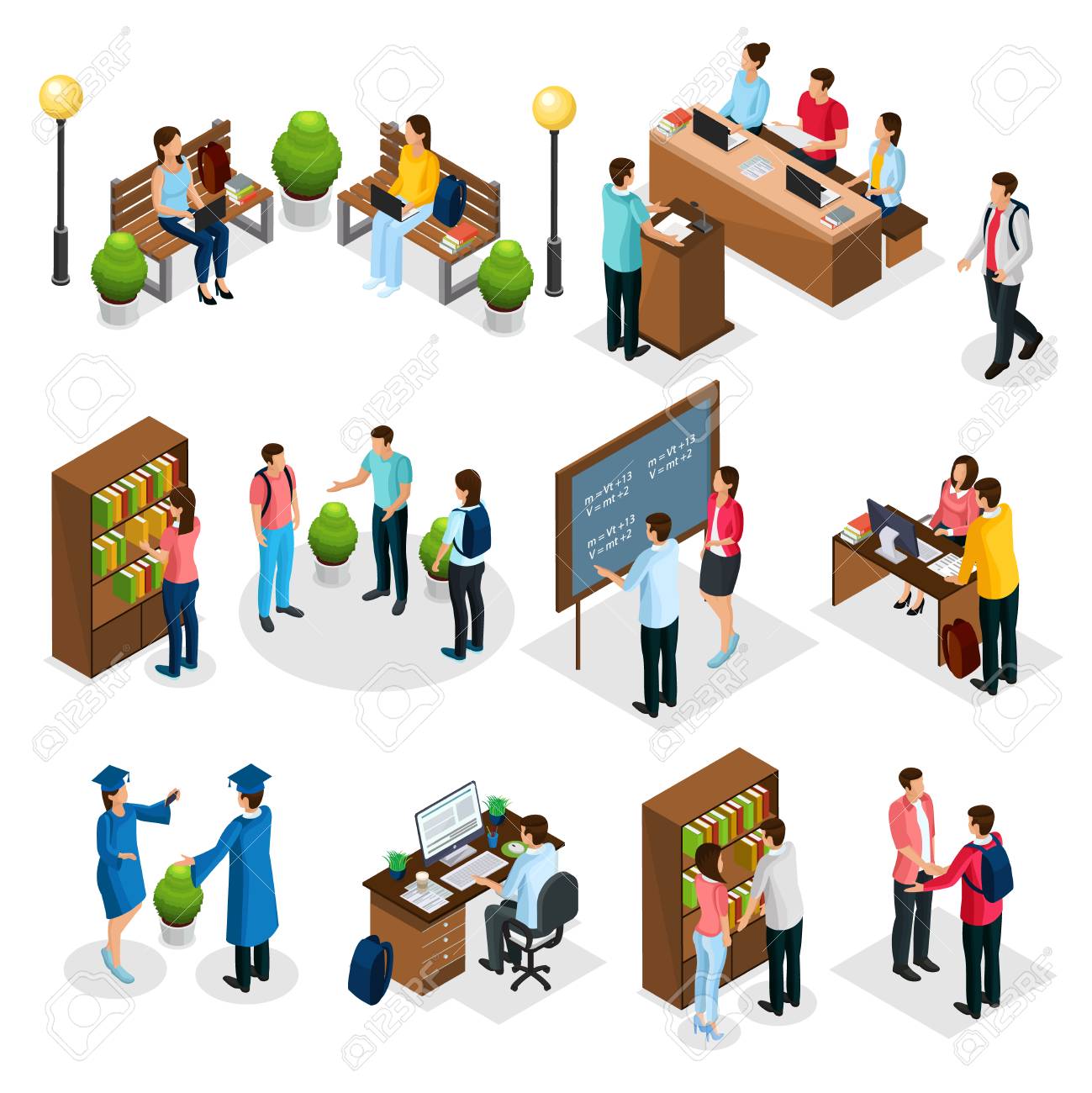 Isometric students in university set with graduates people learning reading taking examination visiting library lecture doing homework isolated vector illustration - 104702921 Isometric students in university set with graduates people learning reading taking examination visiting library lecture doing homework isolated vector illustration - 104702921